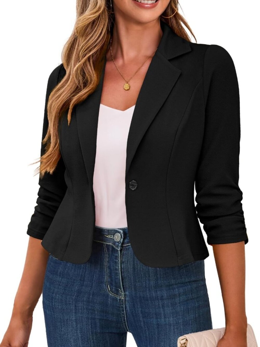 Chic Women's Cropped Blazer with 3/4 Ruched Sleeves - Stylish Business Casual